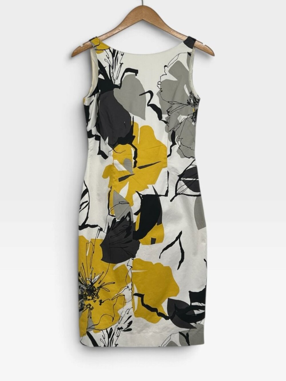Coast Abstract Floral Sheath Dress UK 10 US 6 Mustard Yellow Gray Cotton V Back
